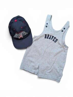 Atlanta Braves Grey Navy 24M Overalls Romper & Vintage MLB Baseball Hat RARE